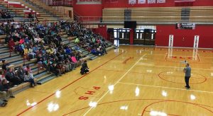 Suicide attempt Survivor Kevin Hines speaks with students at Plumouth High School. (Plymouth Community School Corporation Photo)
